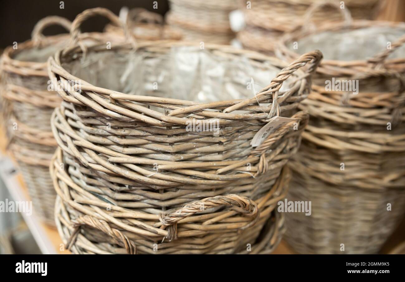 Wicker baskets for sale in market Stock Photo