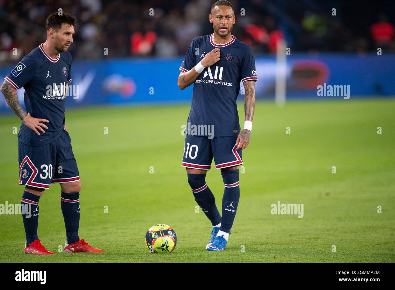 Paris, France. 19th Sep, 2021. Lionel Messi and Neymar Jr during the Ligue  1 Uber Eats Paris Saint Germain (PSG) v Olympique Lyonnais (OL) football  match at Parc des Princes stadium on