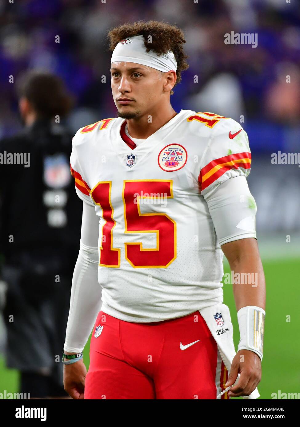 Baltimore, United States. 19th Sep, 2021. Kansas City Chiefs quarterback Patrick Mahomes (15) leaves the field after a 36-35 defeat by the Baltimore Ravens at M&T Bank Stadium in Baltimore, Maryland, on Sunday, September 19, 2021. Photo by David Tulis/UPI Credit: UPI/Alamy Live News Stock Photo