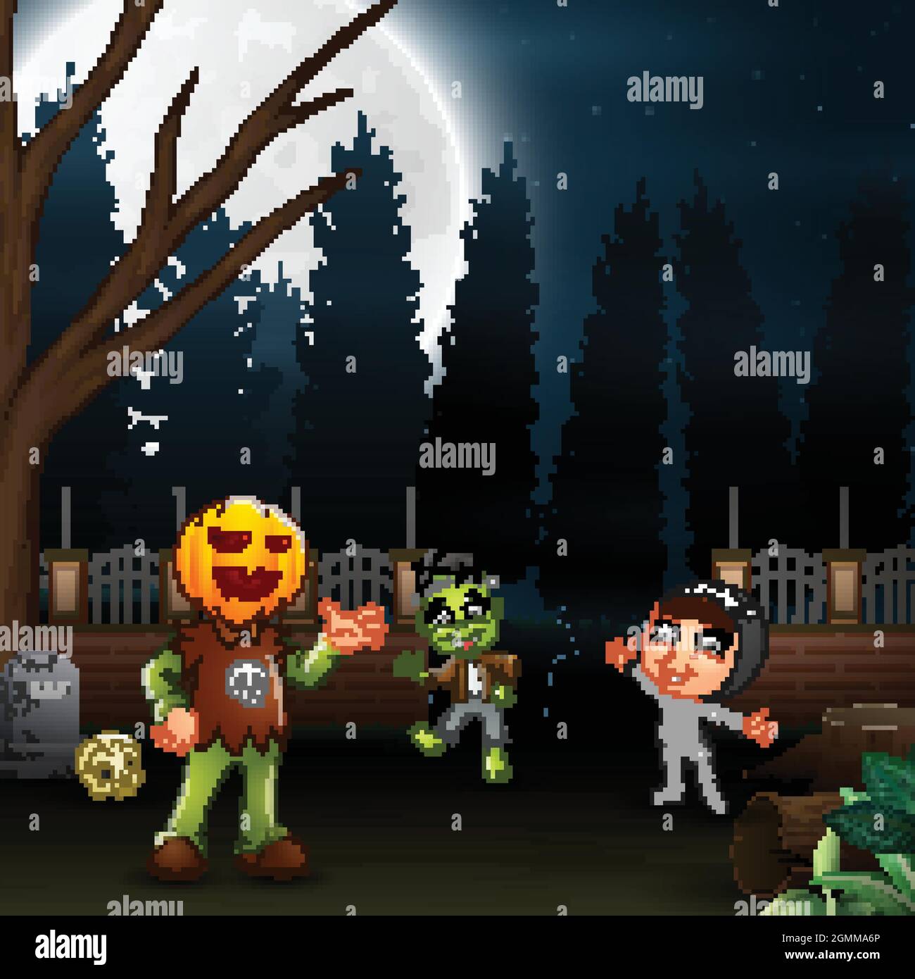 Happy kids wearing a halloween costume in the full moon background ...
