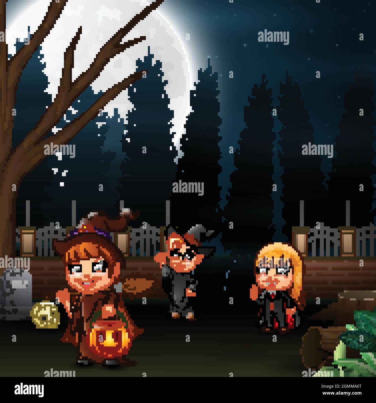 Happy kids wearing a halloween costume in the full moon background ...