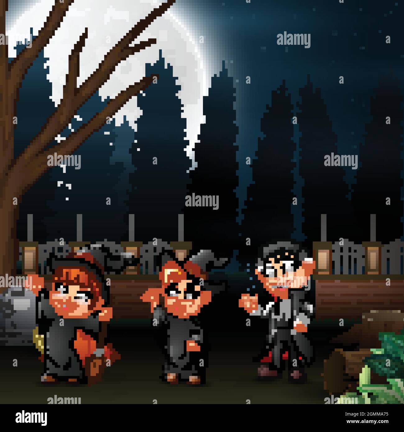 Happy kids wearing a halloween costume in the full moon background ...