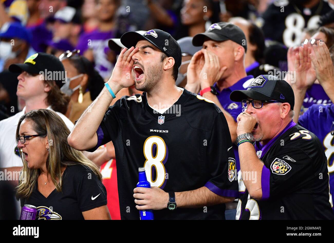 Baltimore, United States. 20th Sep, 2021. Baltimore Ravens fans cheer during the first quarter in a home opener game against the Kansas City Chiefs at M&T Bank Stadium in Baltimore, Maryland, on Sunday, September 19, 2021. Photo by David Tulis/UPI Credit: UPI/Alamy Live News Stock Photo