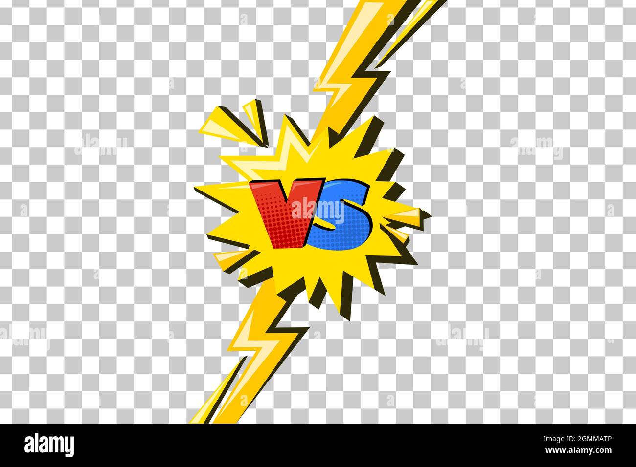 Versus comic design with lightning. Yellow flash with vs symbol in star speech bubble. Vector illustration isolated in transparent background Stock Vector