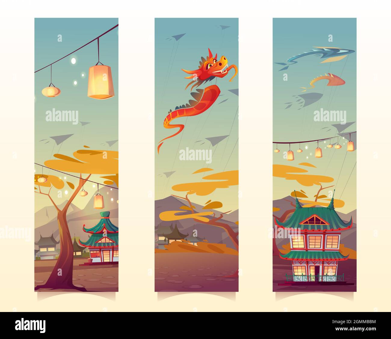 Chinese festival with lanterns and flying kites in shape of dragon and fish. Vector vertical banners or bookmarks with cartoon illustration of village with traditional houses in China Stock Vector