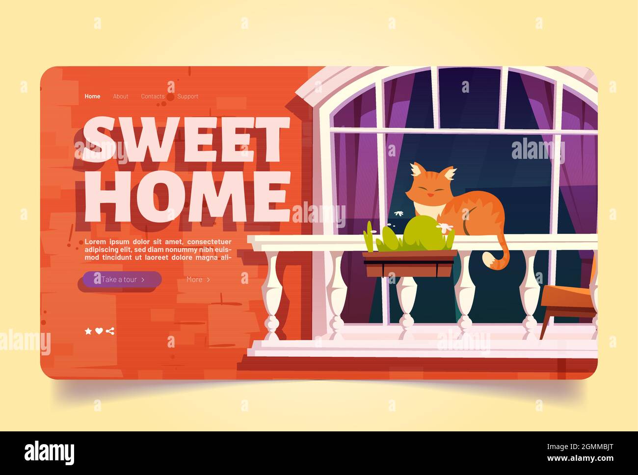 Sweet home with cat sleep on balcony cartoon landing page. Pet relax  outside of house. Calm kitten lying on banister at brick wall facade with  arched window, domestic animal life Vector illustration