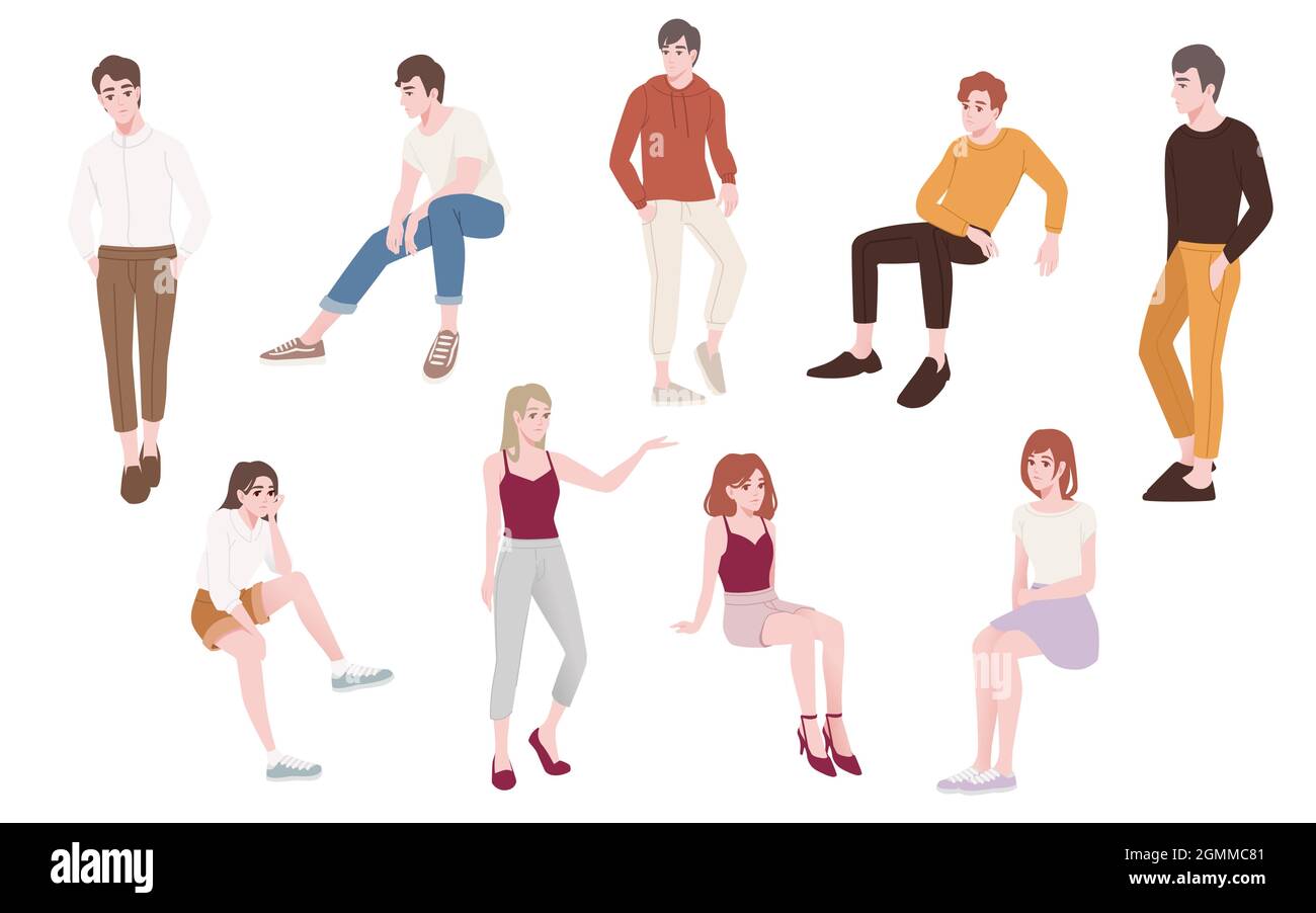 Set of young people wearing casual clothes and in different poses vector illustration on white background Stock Vector