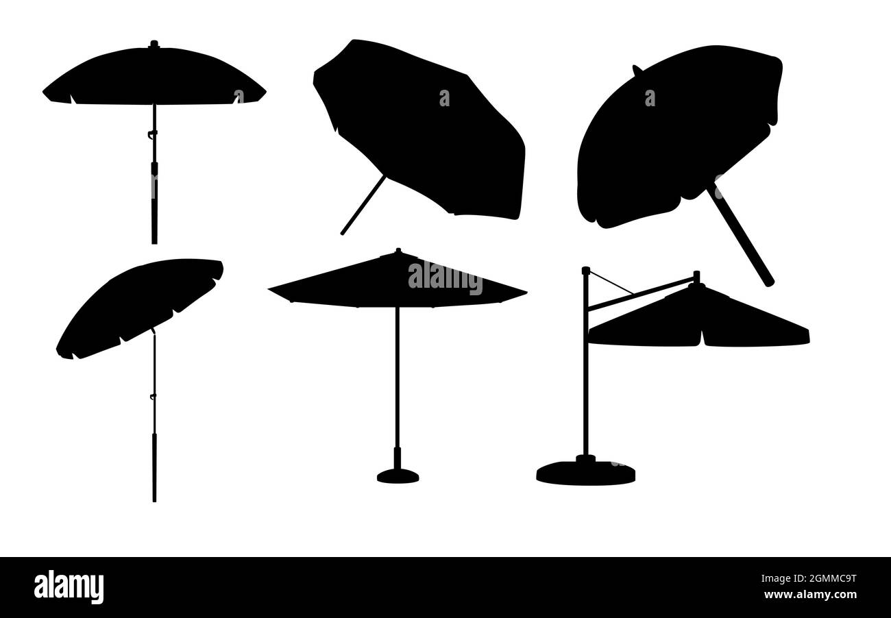 Black silhouette set of beach umbrella vector illustration on white background Stock Vector