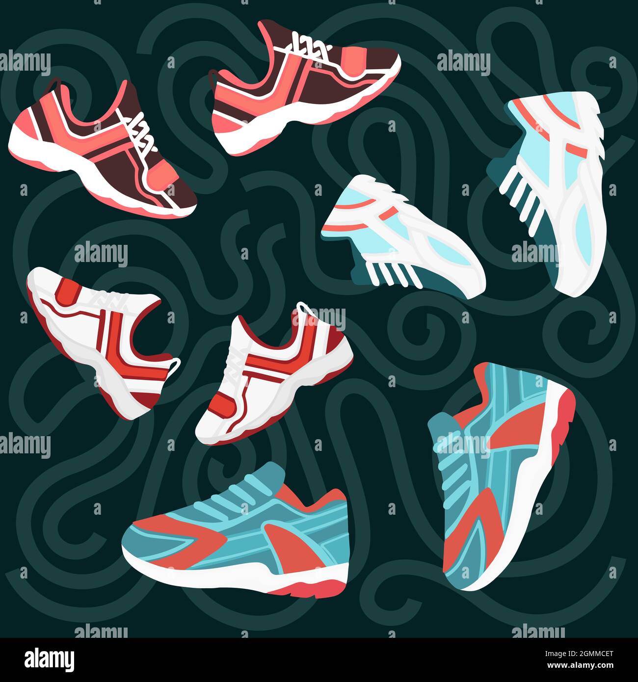 Seamless pattern of modern sneakers shoes colored design sports casual wear  vector illustration on dark pattern background Stock Vector Image & Art -  Alamy