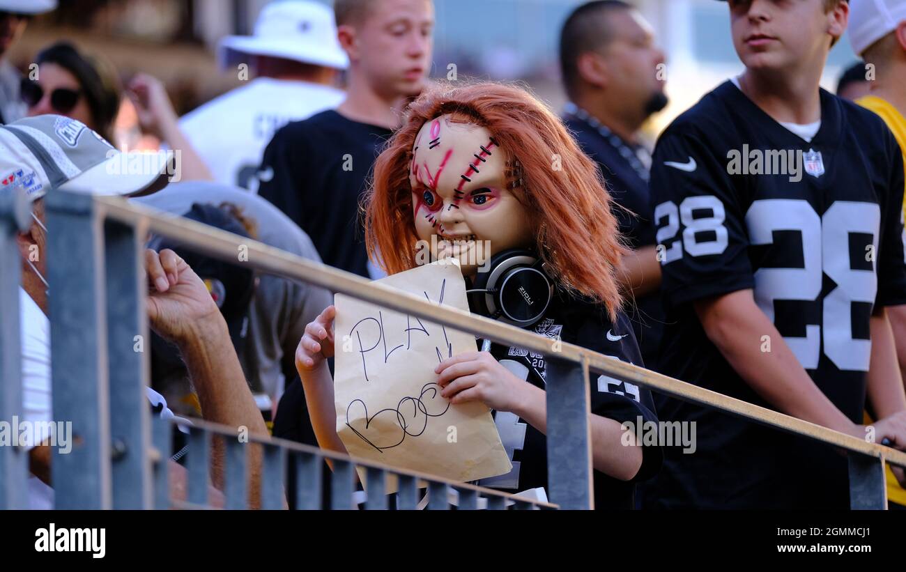 September 19th, 2021: Fan dressed as ''Chucky'' in honor of Coach Jon Gruden  during the Pittsburgh Steelers vs Las Vegas Raiders game at Heinz Field in  Pittsburgh, PA. Jason Pohuski/(Photo by Jason