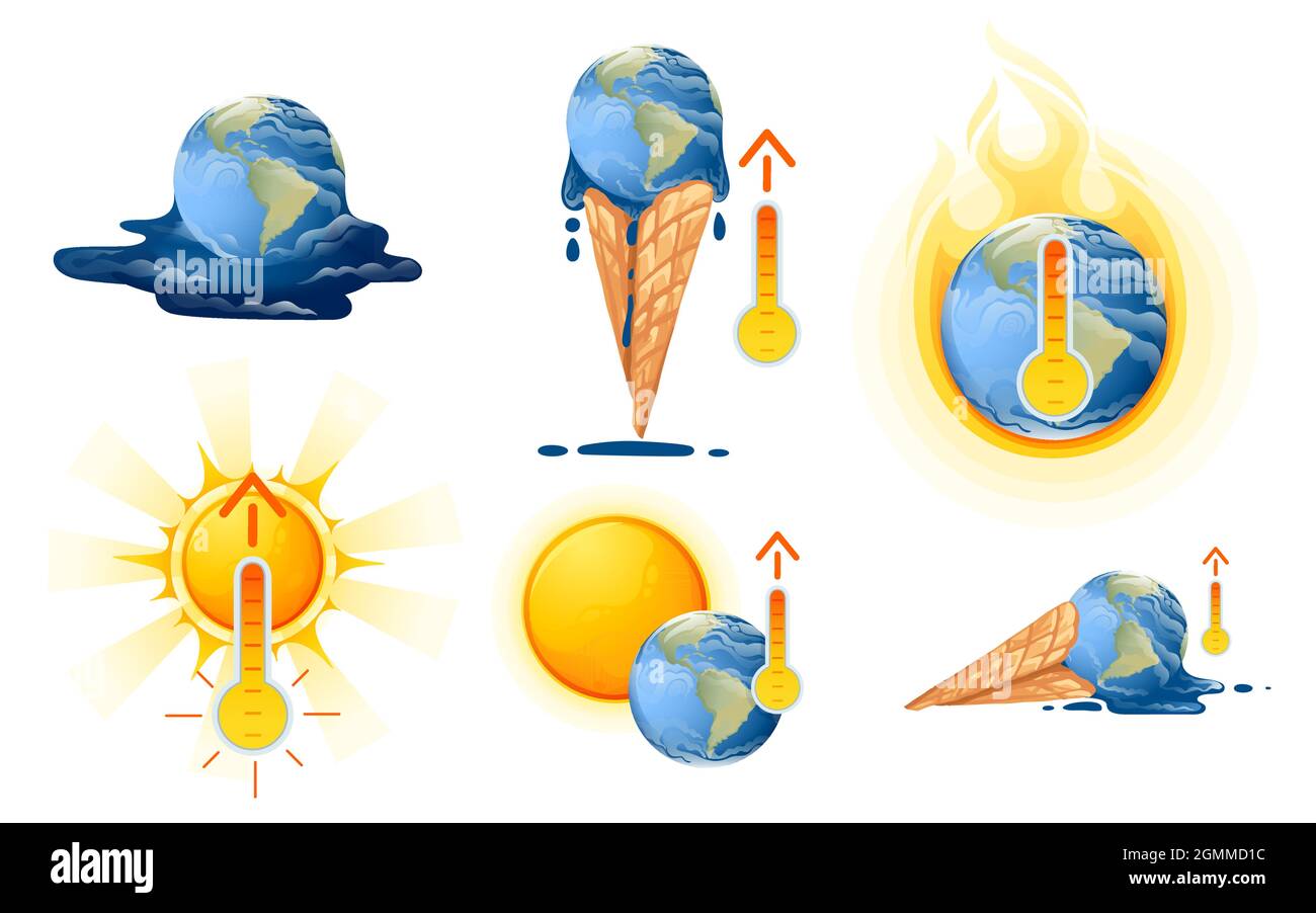 Set of global warming concept melting planet earth in waffle cone abstract save climate vector illustration on white background Stock Vector