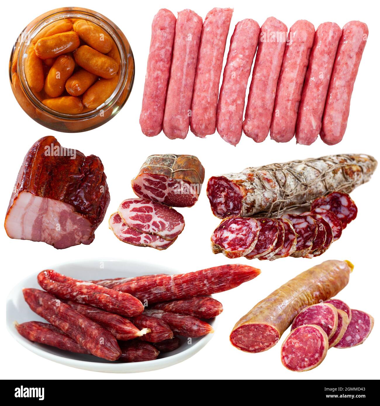 Collage of sausages and deli meats isolated on white Stock Photo Alamy