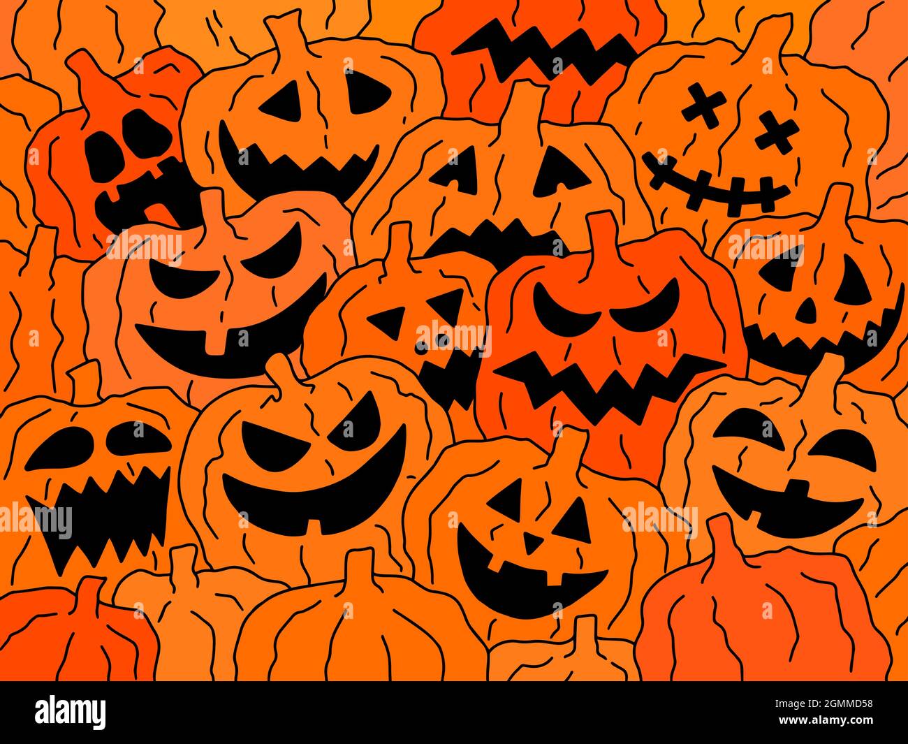 Halloween Illustration pattern with angry pumpkins on orange background Stock Vector