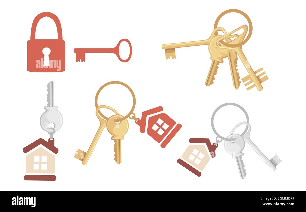 Set of golden key on ring with keychain house keys flat vector ...