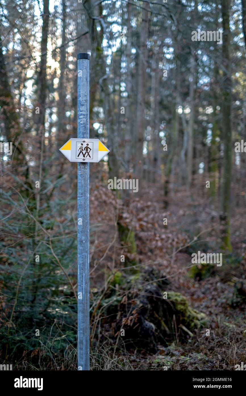 sign post for hikers in the forest. two drawn people with yellow and white arrows pointing to the right and left Stock Photo