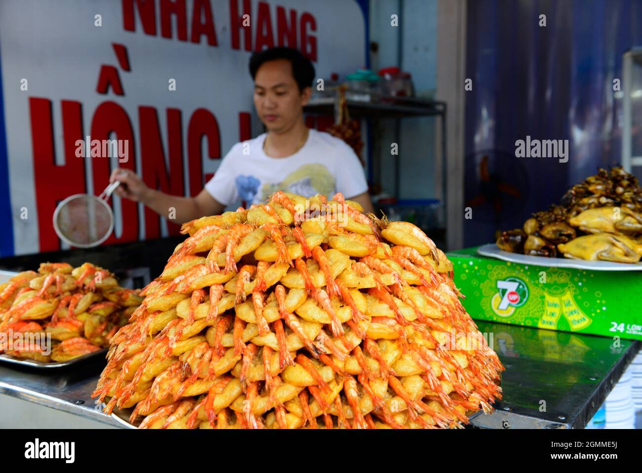 Banh Tom ( Vietnamese deep fried shrimp cake ) is a popular street food dish in Hanoi, Vietnam