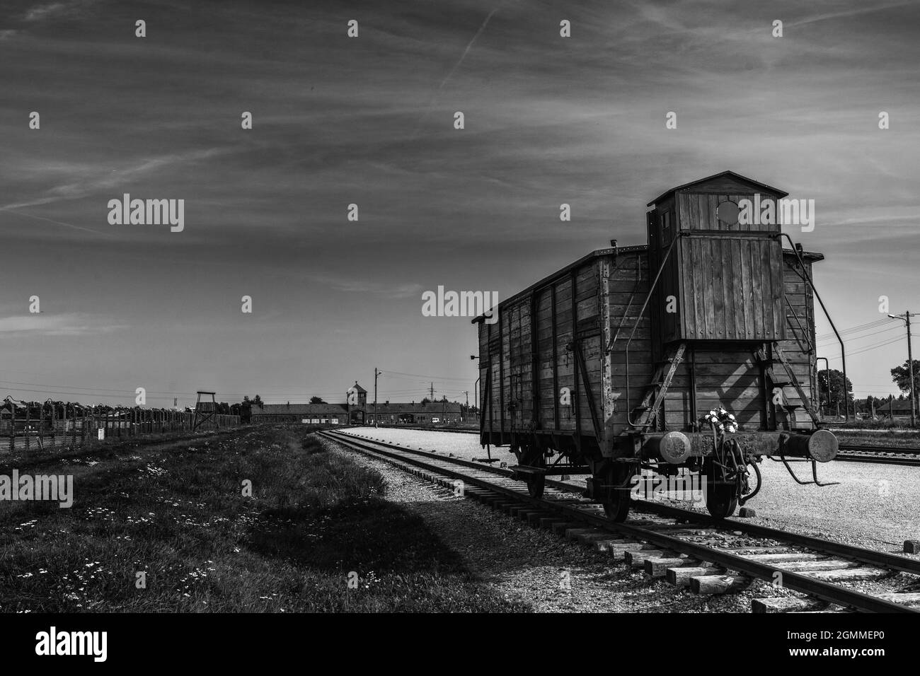 Auschwitz, Poland - 15 September, 2021: black and white view of an old railroad carriage used for transporting prisoners to Auschwitz Stock Photo