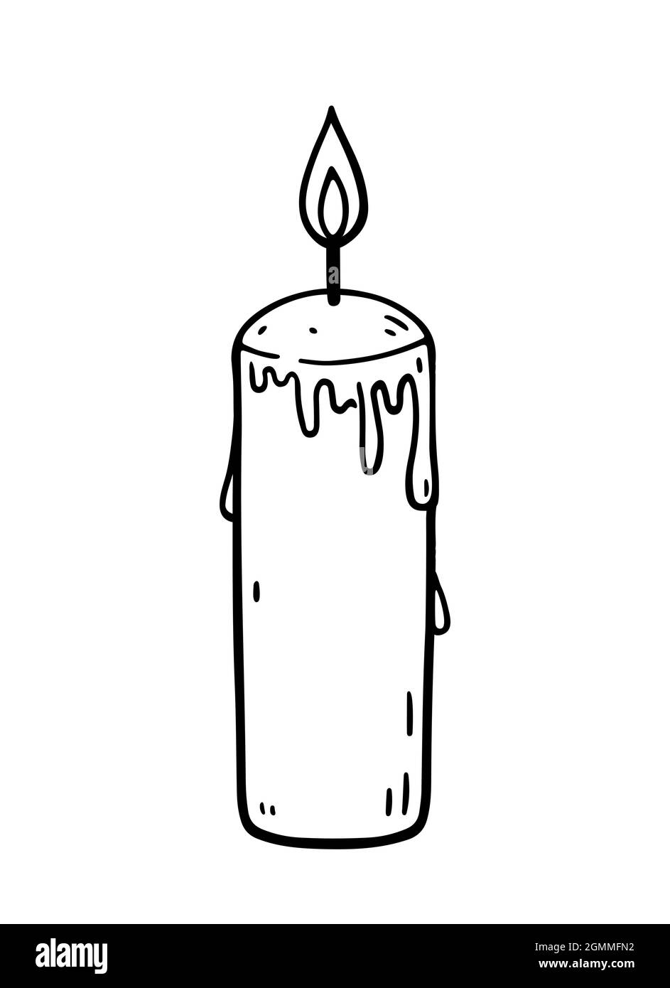 Burning candle with dripping wax isolated on white background. Vector hand-drawn illustration in doodle style. Perfect for cards, logo, holiday designs, decorations. Stock Vector
