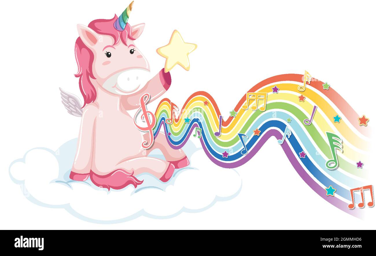 Unicorn sitting on the cloud with melody symbols on rainbow wave ...