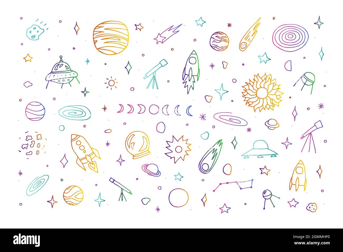Space doodle set. Planet, rockets, stars, comets, ufo, asteroid, moon ...