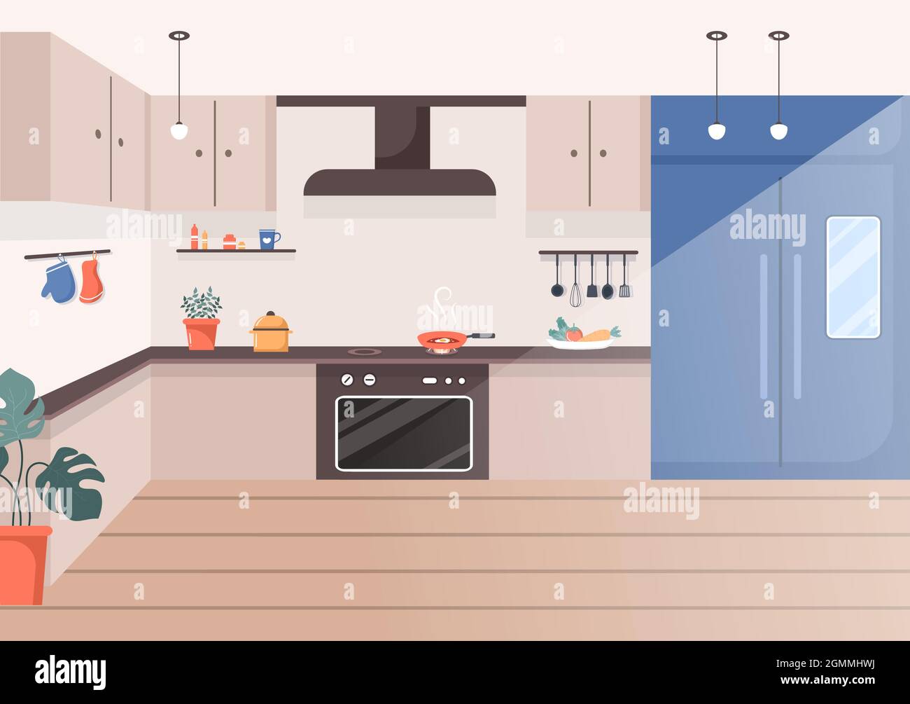 Kitchen Room Background Vector Illustration with Furniture, Equipment and  Interiors Modern Style in Flat Design Stock Vector Image & Art - Alamy