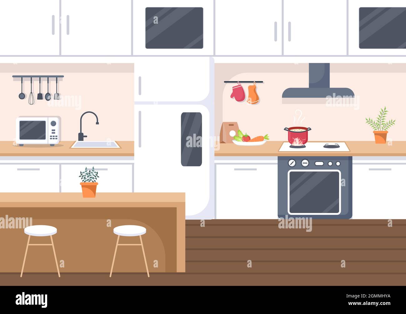 Kitchen Room Background Vector Illustration with Furniture, Equipment