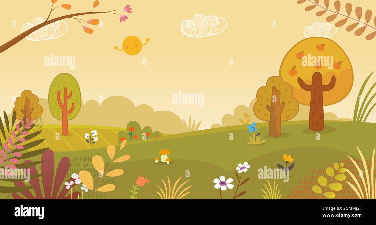 Autumn field or park with trees, flowering plants and flowers in the meadow, suitable for kids background, cover, cartoon style flyer Stock Vector Image & Art - Alamy Autumn field or park with trees, flowering plants and flowers in the meadow, suitable for kids background, cover, cartoon style flyer Stock Vector Image & Art - Alamy