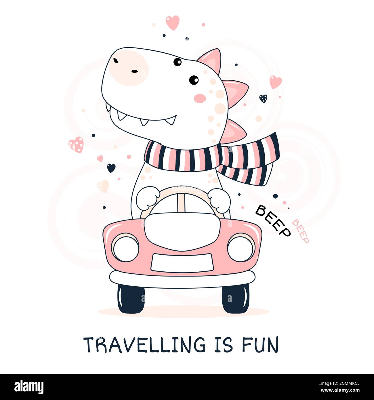 Cute traveler dinosaur rides in the car. Adventurer dino travels by car ...