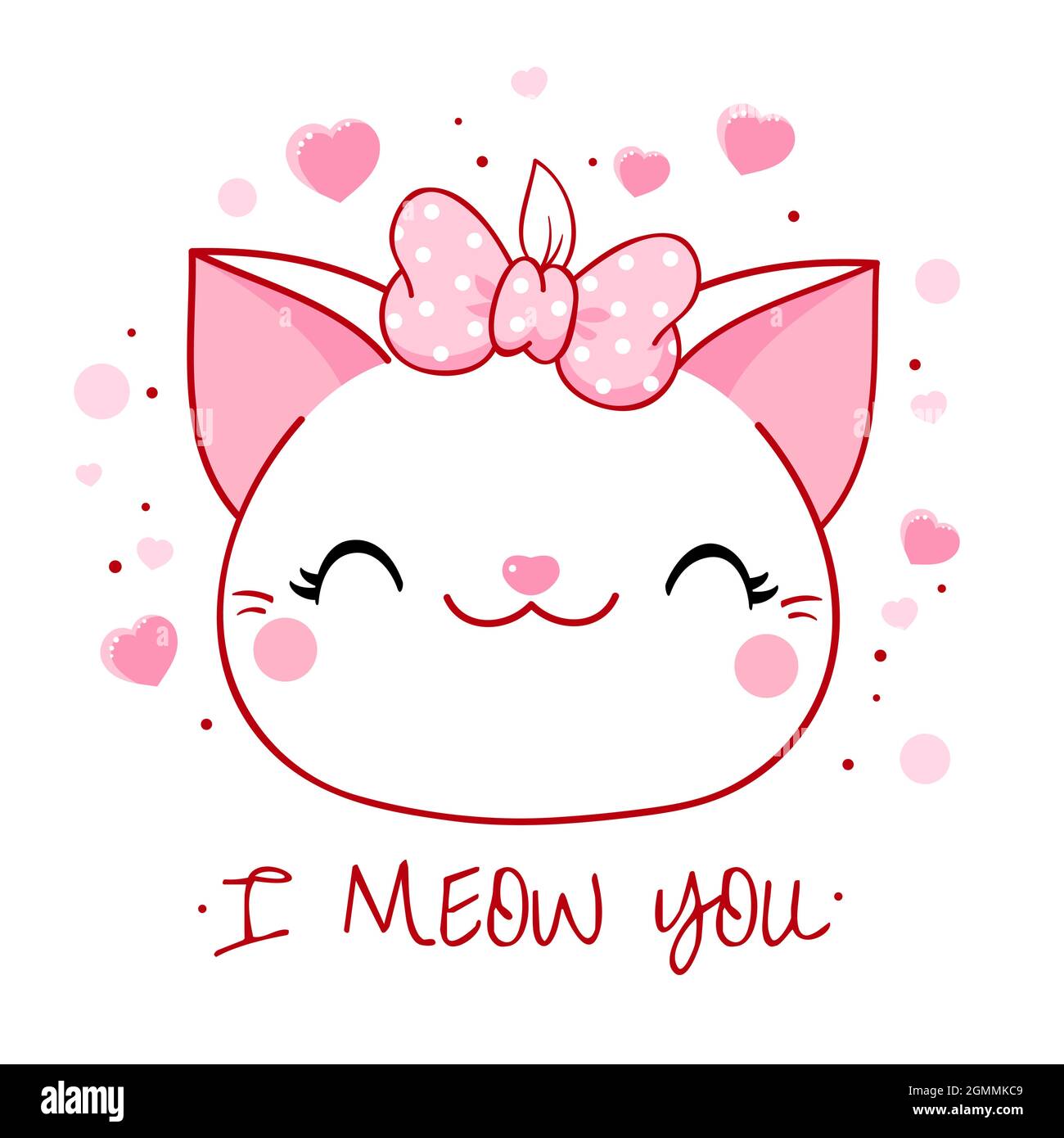 Cute Valentine card in kawaii style. Lovely cat with pink bow and hearts. Inscription I meow you. Can be used for t-shirt print, stickers, greeting ca Stock Vector