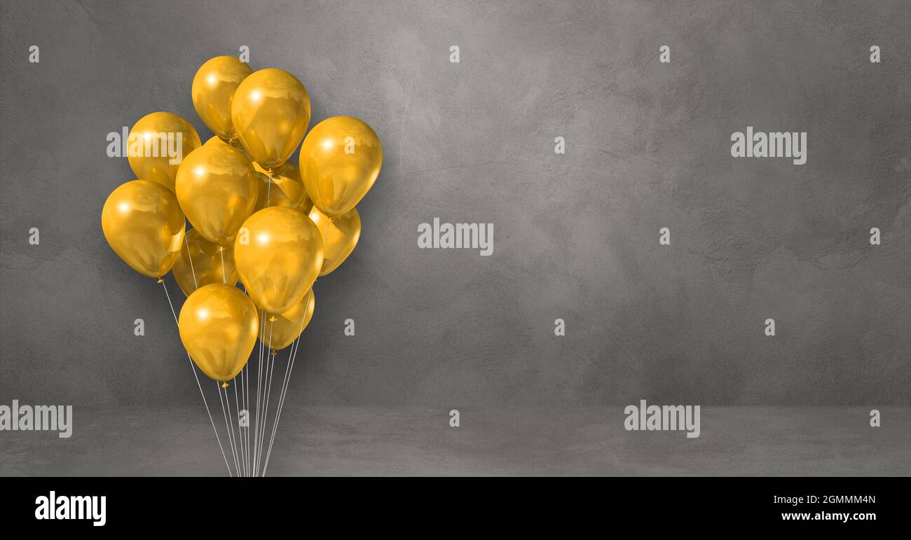 Yellow balloons bunch on a grey wall background. Horizontal banner. 3D ...