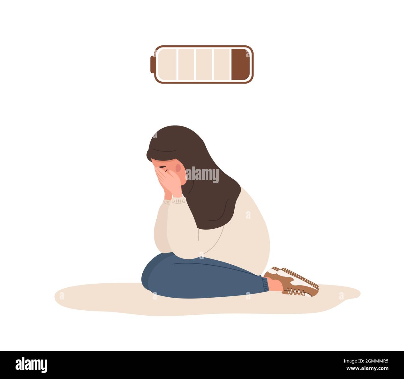 Emotional burnout. Sad arab teenager with low battery sitting on floor and  crying. Mental health problem. Deadline, stress and fatigue concept. Vector  Stock Vector Image & Art - Alamy