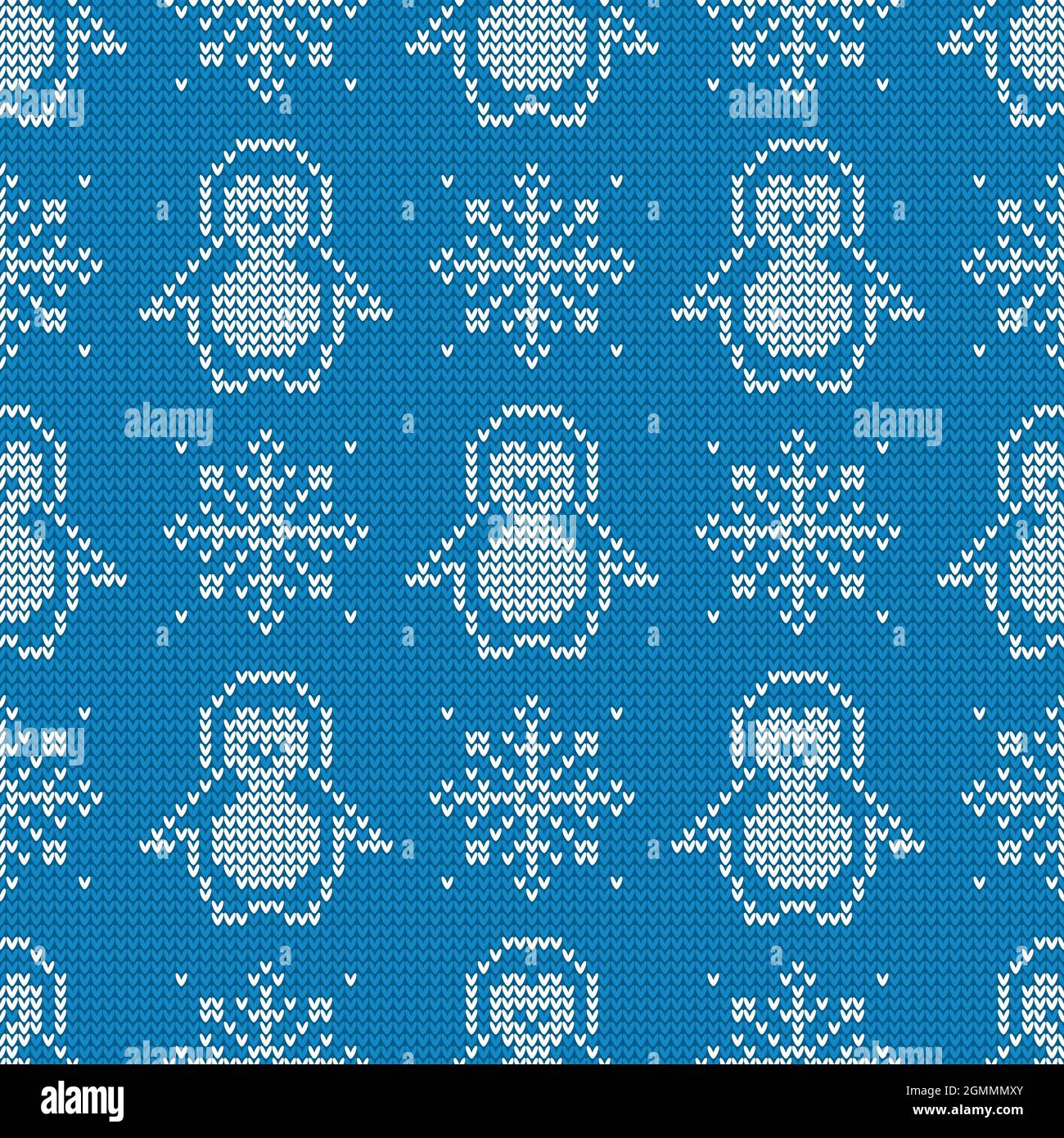 Knitted seamless pattern with penguins and snowflakes. Winter sweater background. Vector illustration. Stock Vector