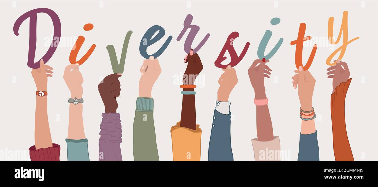 Raised arms of a group of diverse multi-ethnic international people holding the letters forming the word Diversity in their hands. Racial equality Stock Vector