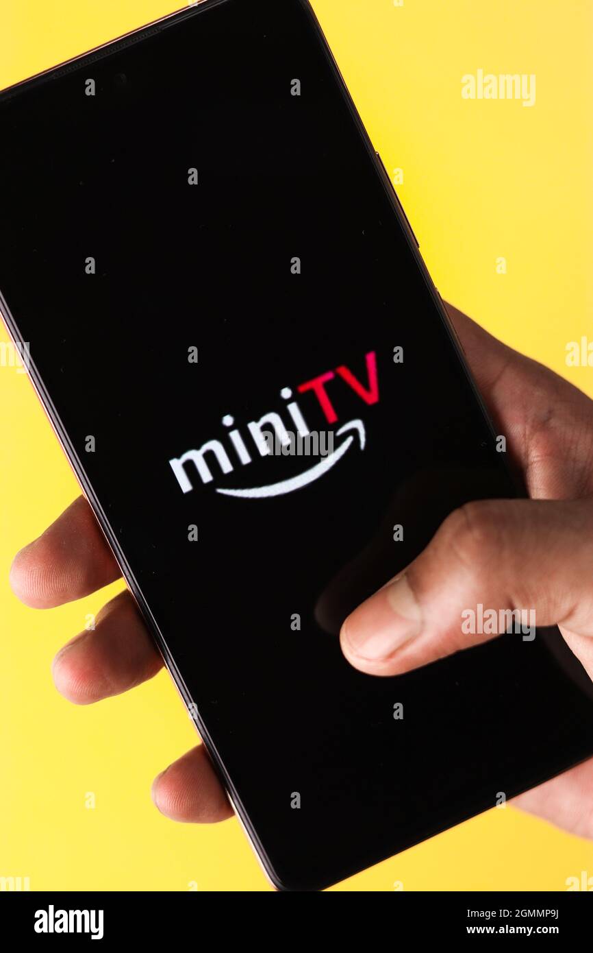 Assam, india - May 18, 2021 : Amazon mini TV logo on phone screen stock image. Stock Photo
