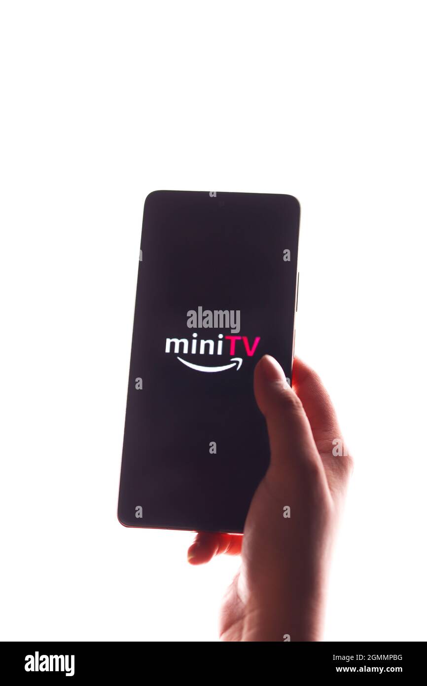 Assam, india - May 18, 2021 : Amazon mini TV logo on phone screen stock image. Stock Photo