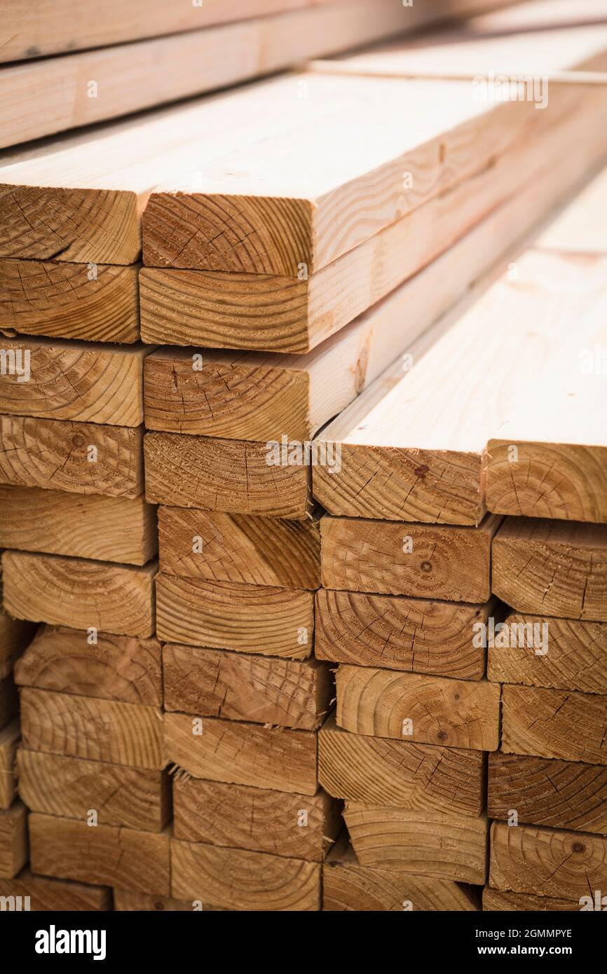 Close up stacked lumber boards Stock Photo
