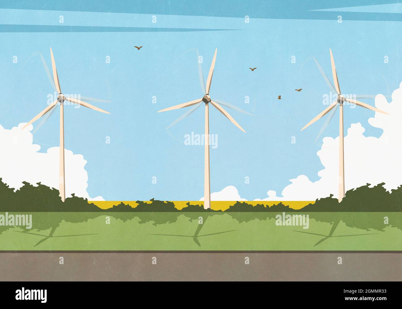 Wind turbines spinning in sunny idyllic rural field Stock Photo