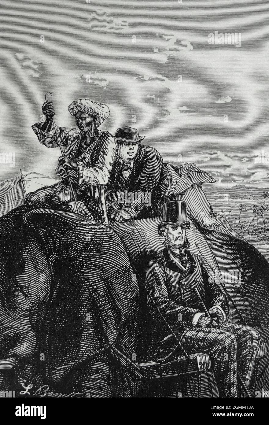 Passepartout's Uneasy Ride on the Back of the Elephant. from the book ' Around the world in eighty days ' by Jules Verne (1828-1905) Translated by Geo. M. Towle, Published in Boston by James. R. Osgood & Co. 1873 First US Edition Stock Photo