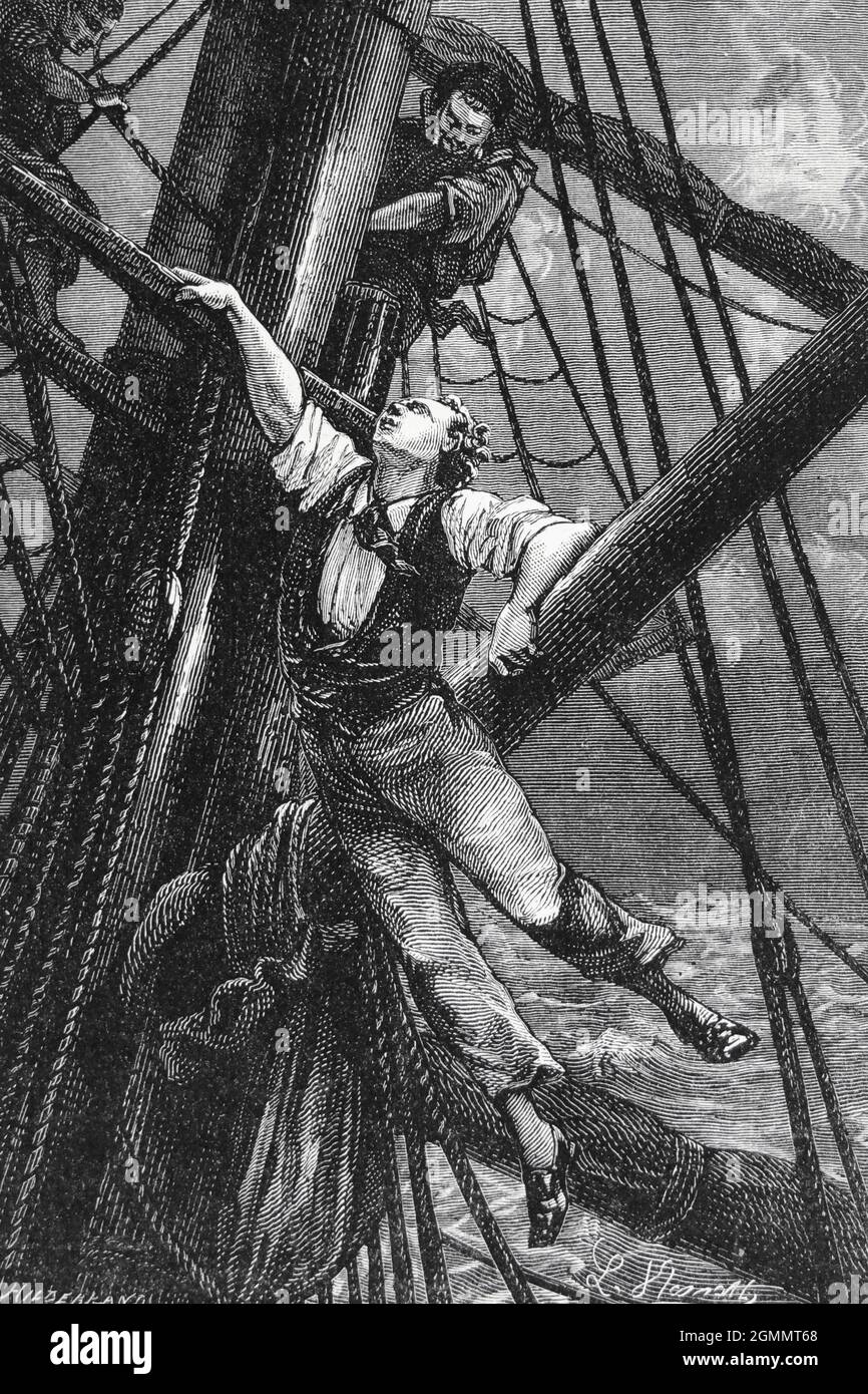 He Took a Hand at Everything and Astonished the Crew. from the book ' Around the world in eighty days ' by Jules Verne (1828-1905) Translated by Geo. M. Towle, Published in Boston by James. R. Osgood & Co. 1873 First US Edition Stock Photo