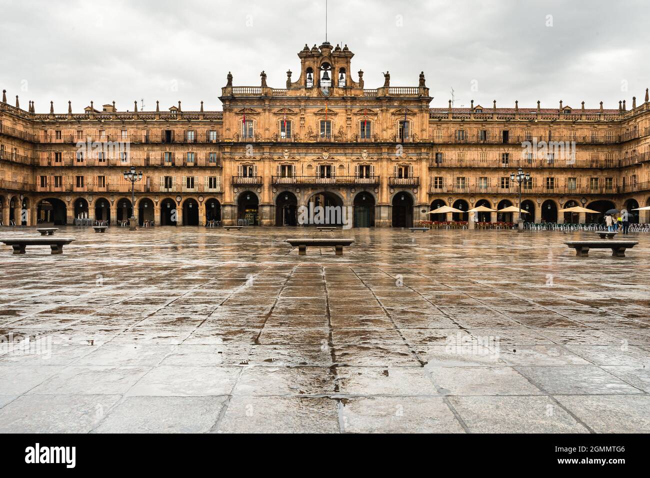 Main Square in raining day, Salamanca, Castile and Lion. Stock Photo
