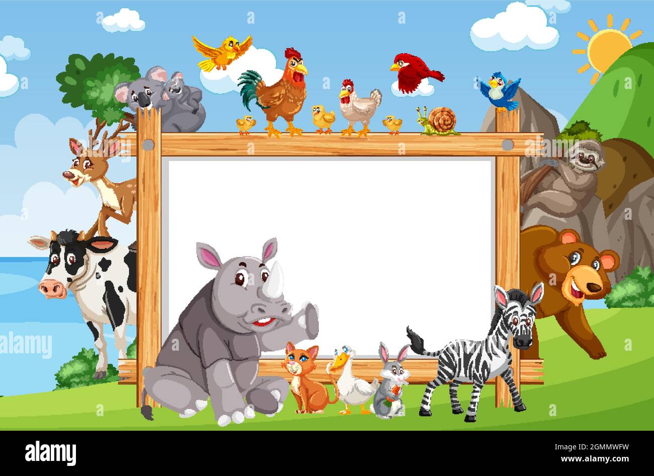 Empty wooden frame with various wild animals in the forest illustration ...