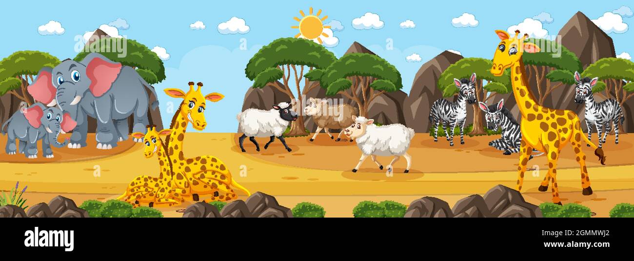 Forest panorama at daytime scene with various wild animals illustration ...