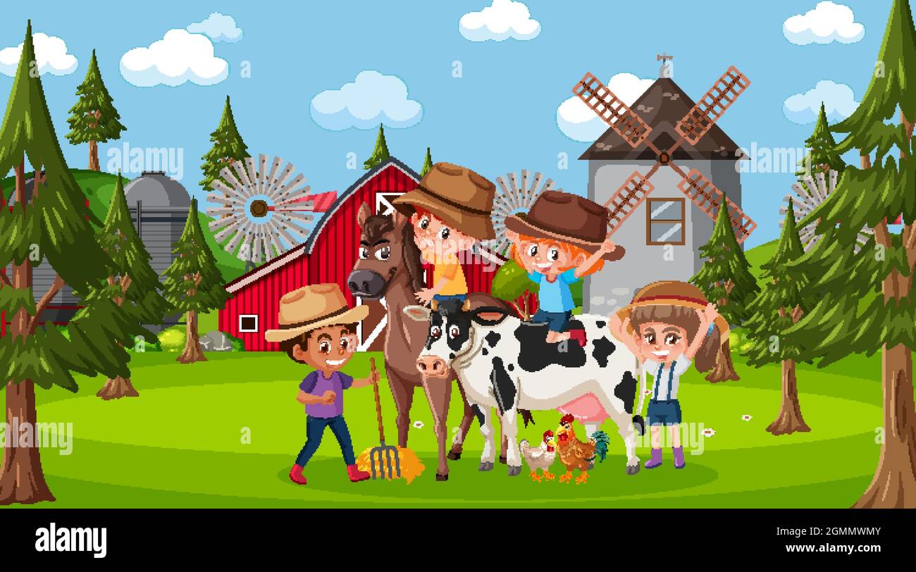 Farm scene with many kids and farm animals illustration Stock Vector ...