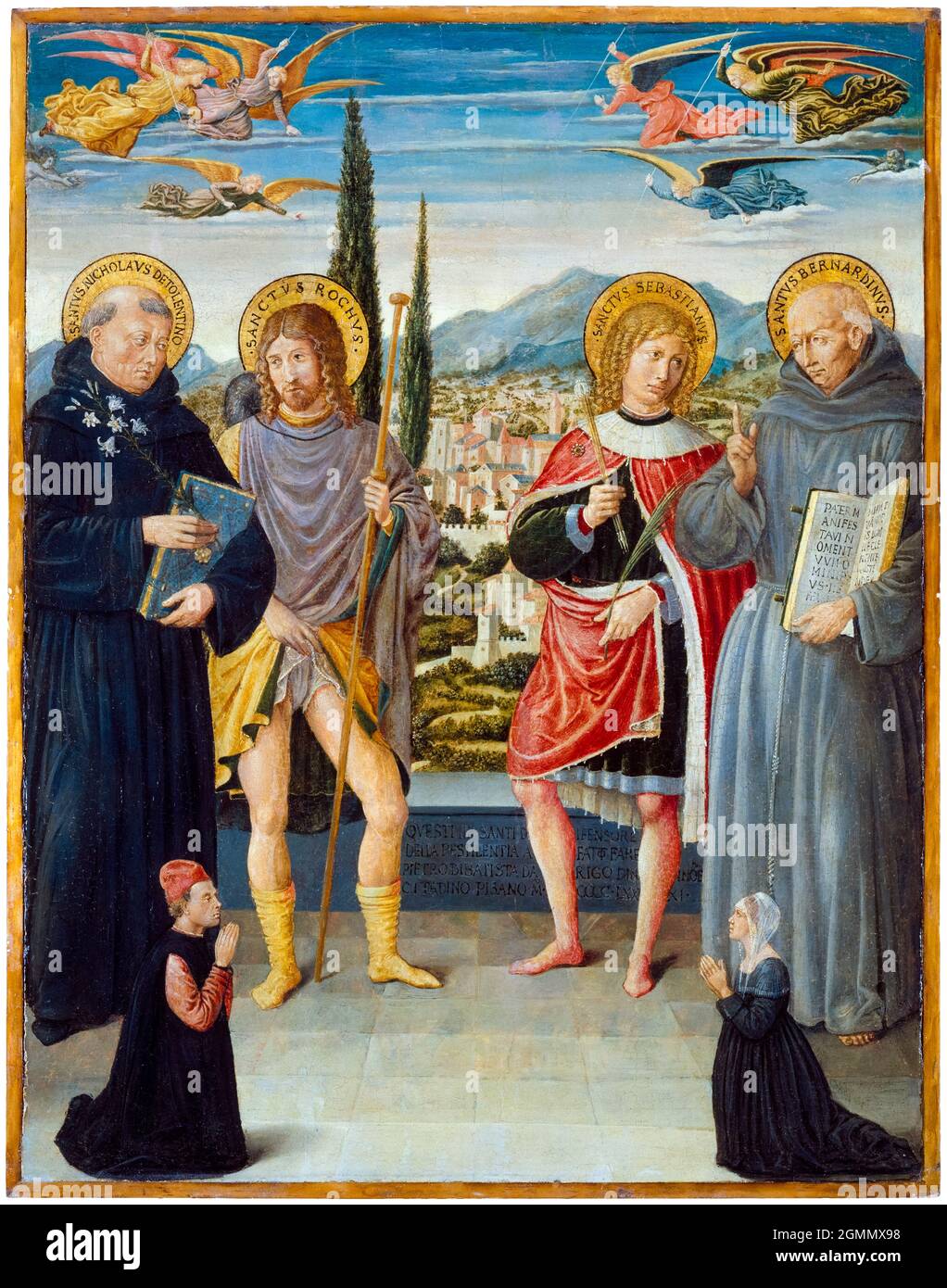 Saint Nicholas of Tolentino, Saint Roch, Saint Sebastian, and, Saint Bernardino of Siena, with, Kneeling Donors, painting by Benozzo Gozzoli, 1481 Stock Photo