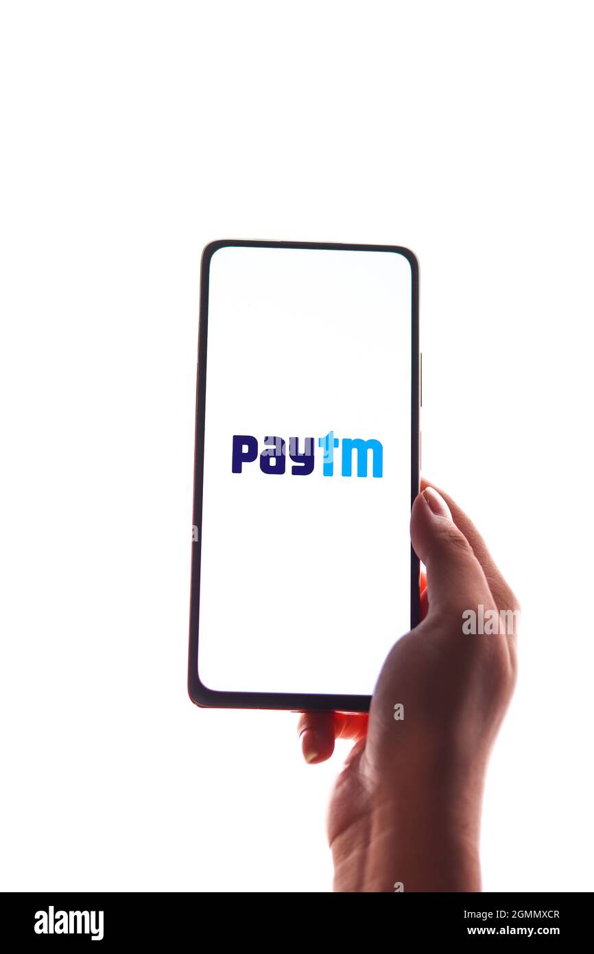 West Bangal, India - August 21, 2021 : Paytm app logo on phone screen stock image. Stock Photo