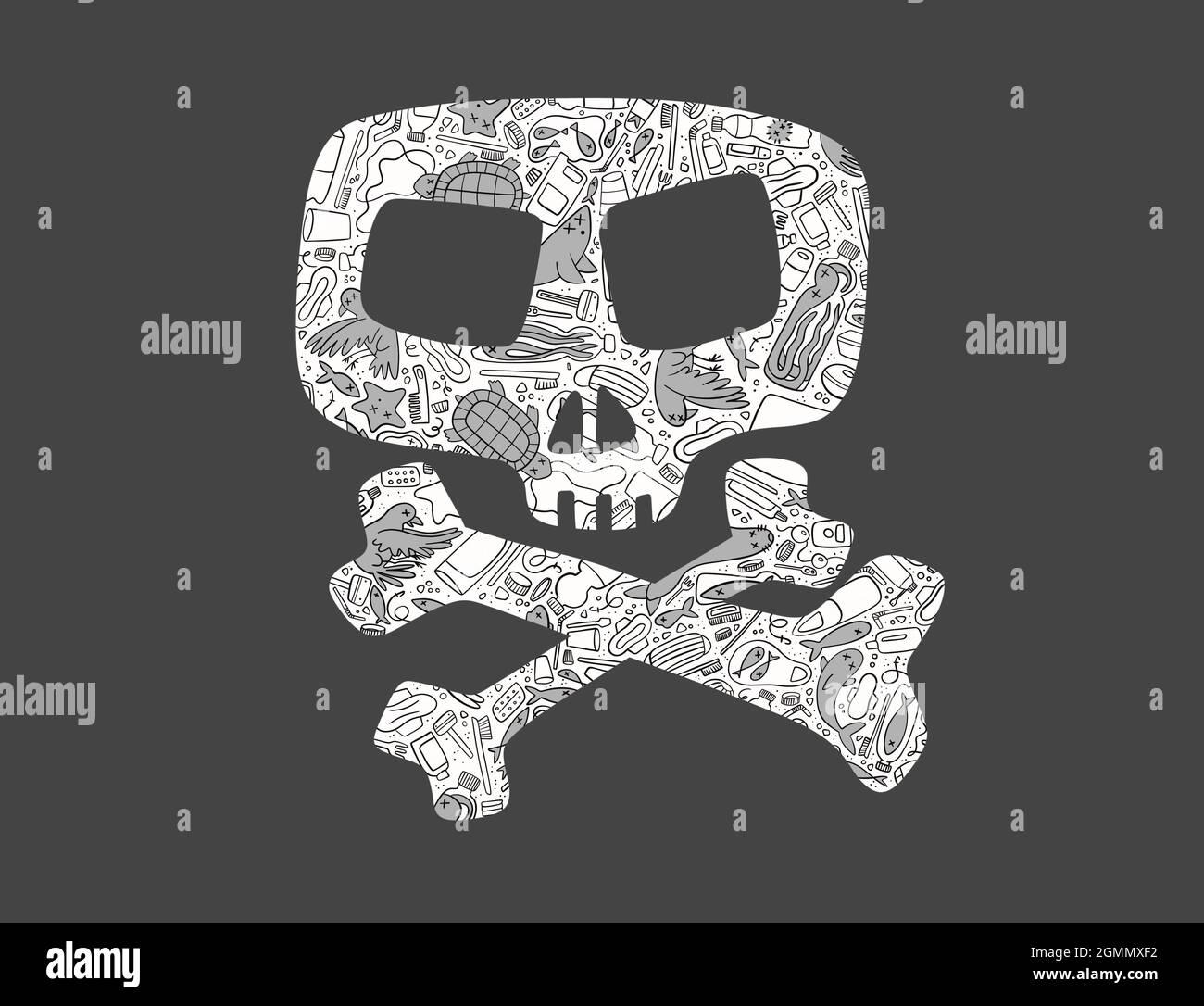 Skull with crossed bones as a symbol for plastic pollution danger for ocean animals. Stock Photo