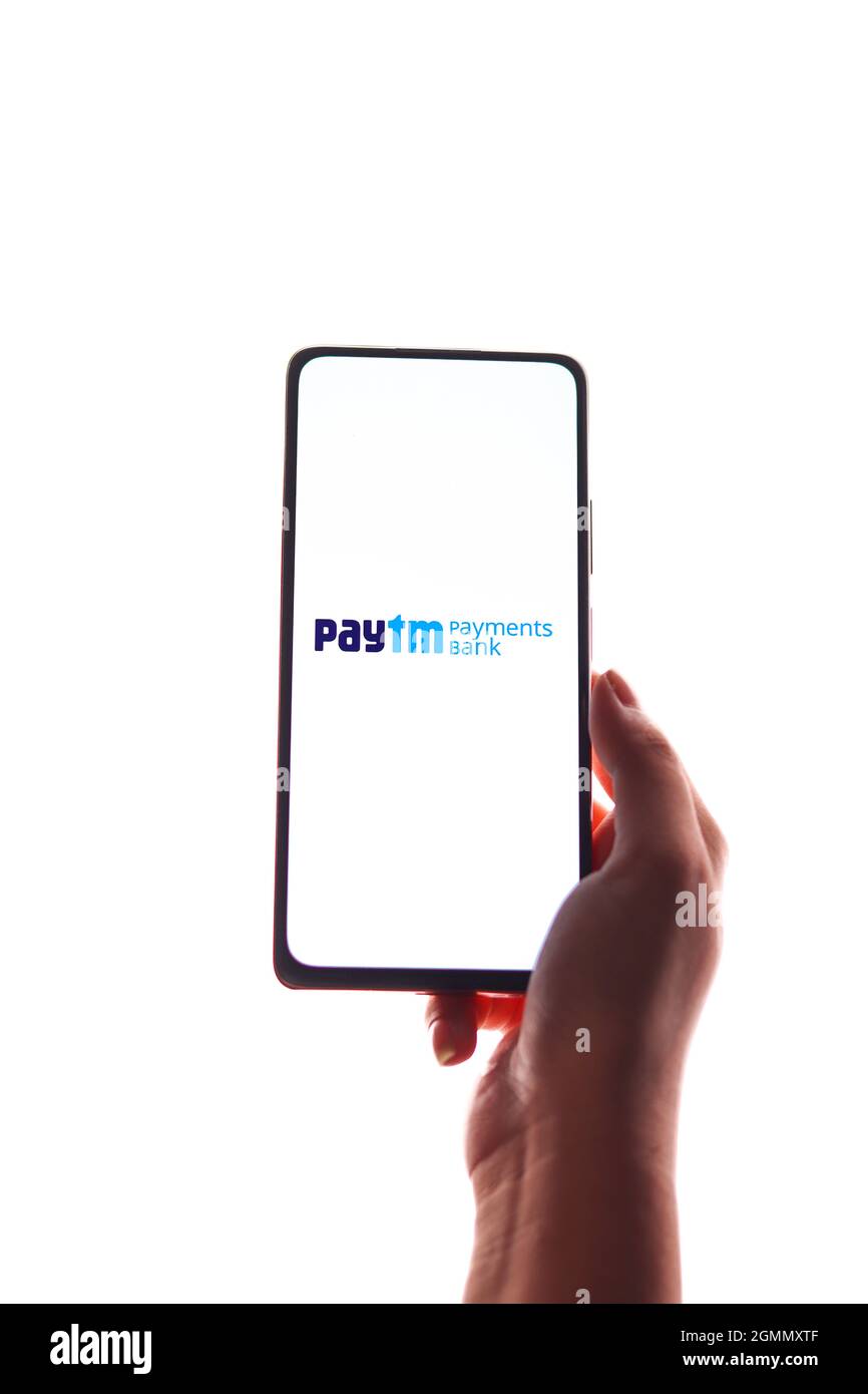 West Bangal, India - August 21, 2021 : Paytm payments bank logo on phone screen stock image. Stock Photo
