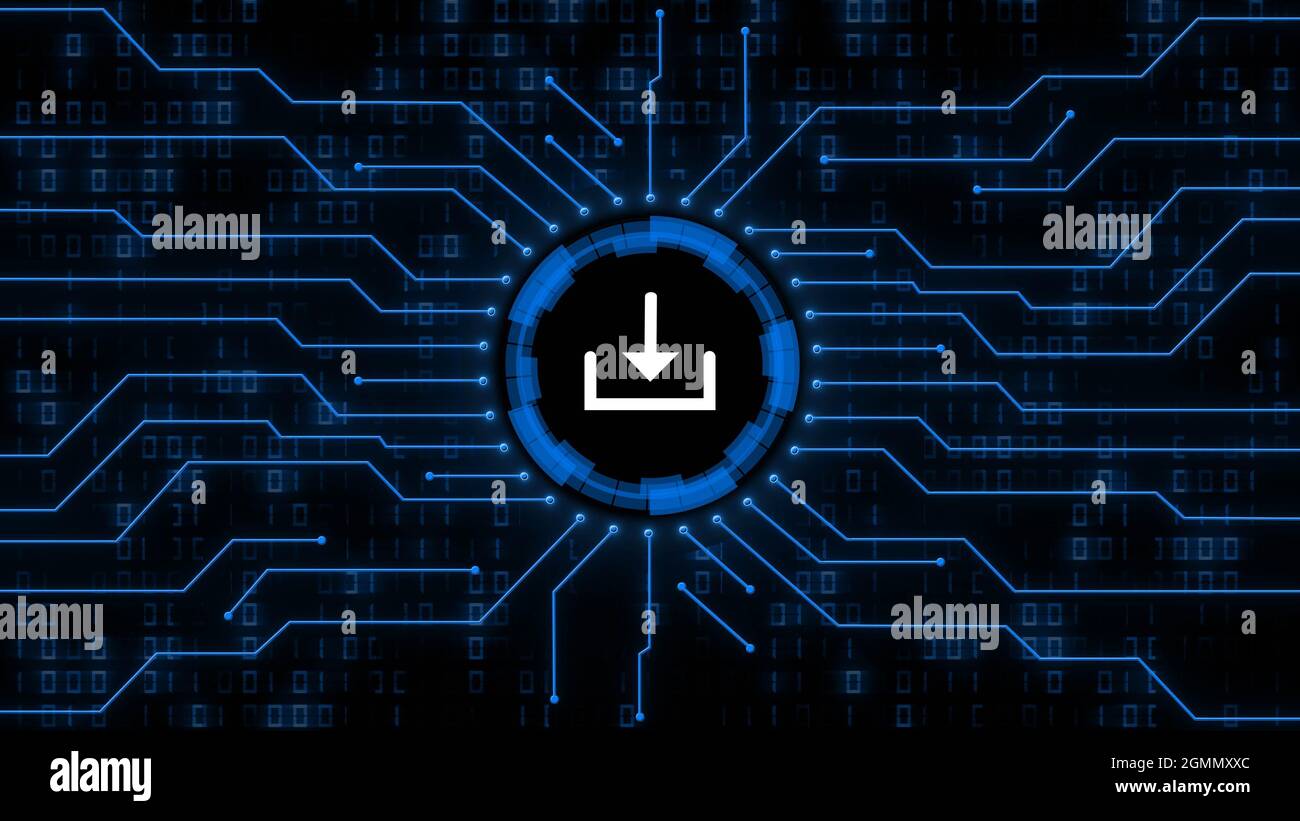 Download symbol centered into information connecting lines on blurred binary code background - data storage business technology network concept Stock Photo