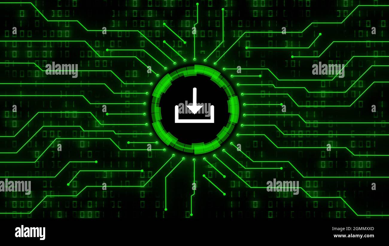 Download symbol centered into information connecting lines on blurred binary code background - data storage business technology network concept Stock Photo