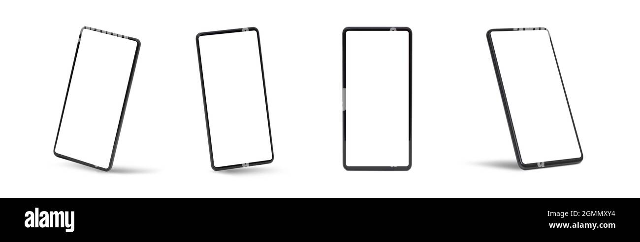 Mobile device mockup set. Four smart phones isolated on white. Modern smartphone with blank screen Stock Photo